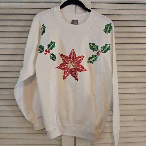 Vintage Hanes Christmas Sweatshirt Sequin Poinsettia & Holly Handmade Large - Picture 1 of 8